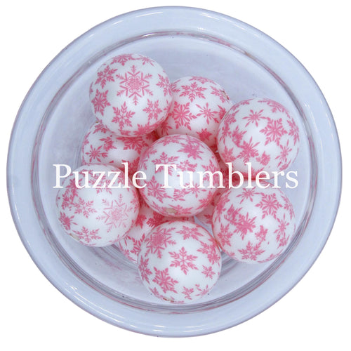 25MM BUBBLEGUM BEADS (10 PIECE) - WHITE PEARL WITH PINK SNOWFLAKES