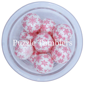 25MM BUBBLEGUM BEADS (10 PIECE) - WHITE PEARL WITH PINK SNOWFLAKES