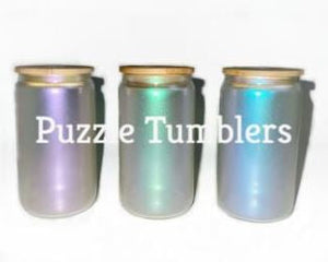 IRIDESCENT (PURPLE, GREEN, PINK & BLUE) 16OZ SUMBLIMATION  GLASS TUMBLER WITH BAMBOO LID