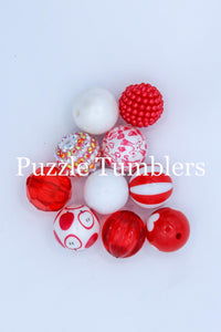 25MM BUBBLEGUM BEADS VARIETY (10 PIECE) - RED & WHITE MIX WITH APPLE AND HEART BEADS