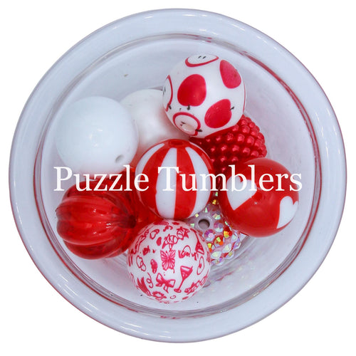 25MM BUBBLEGUM BEADS VARIETY (10 PIECE) - RED & WHITE MIX WITH APPLE AND HEART BEADS